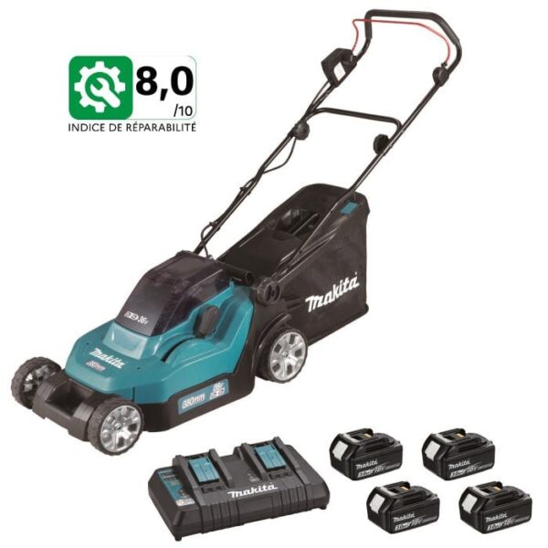 36V (2x18V) Li-Ion Akku-Rasenmäher + 4 MAKITA Akkus